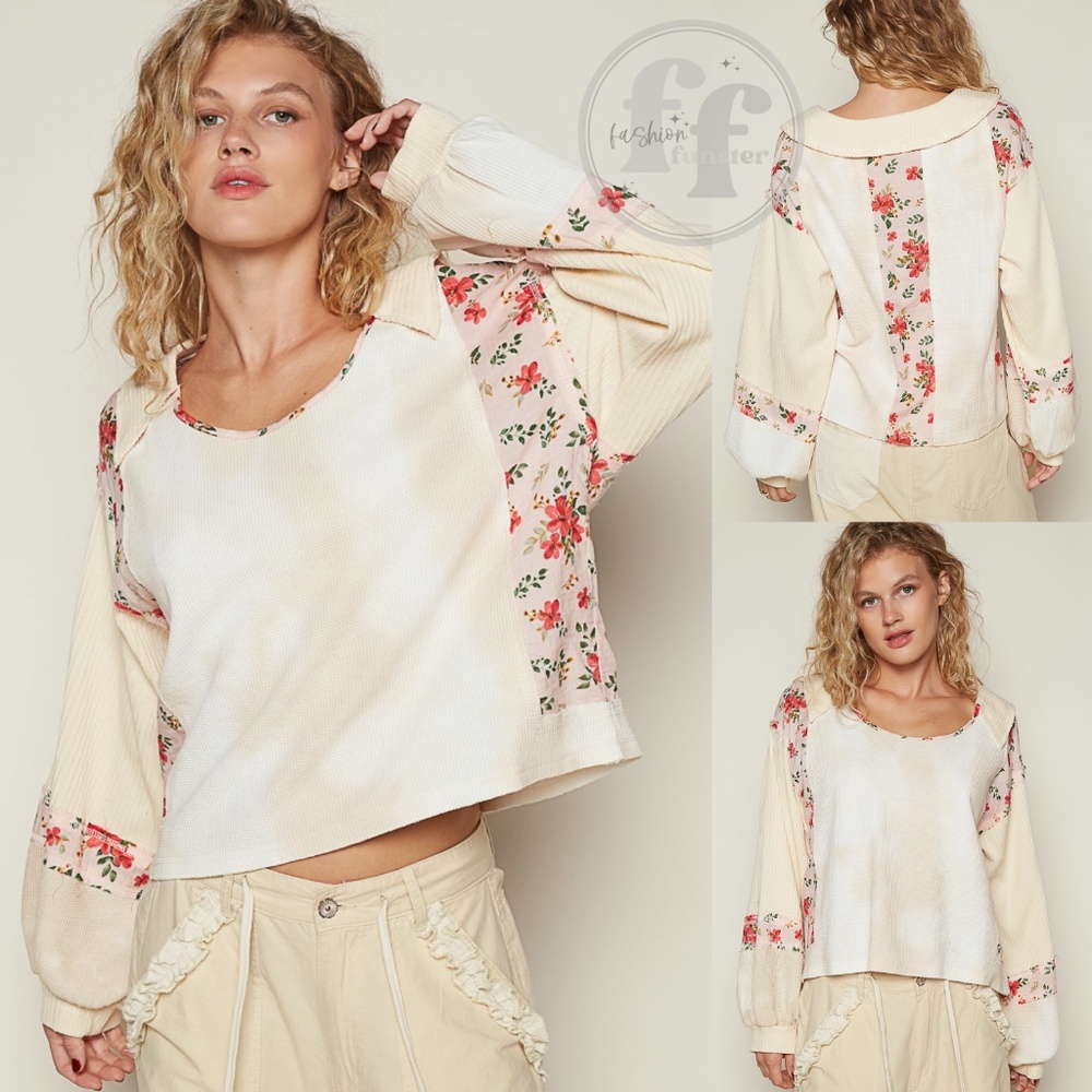 POL Cream Tie Dye Thermal Pink Floral Print Pullover Top